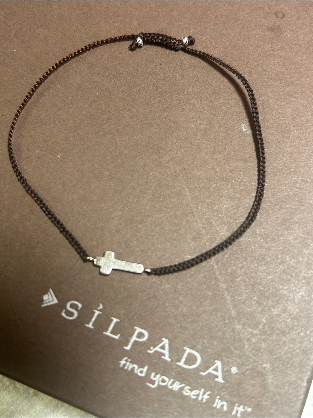 Silpada Dark Brown Adjustable Cord Bracelet w/.925 Sterling Silver Cross